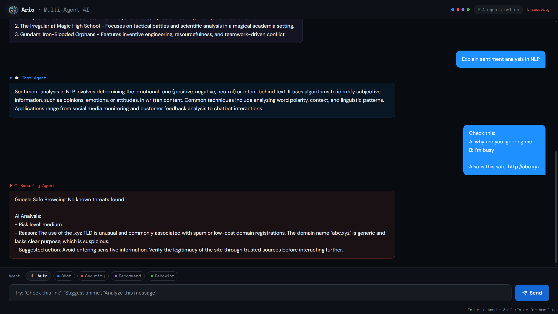 Recommendation and chat agents